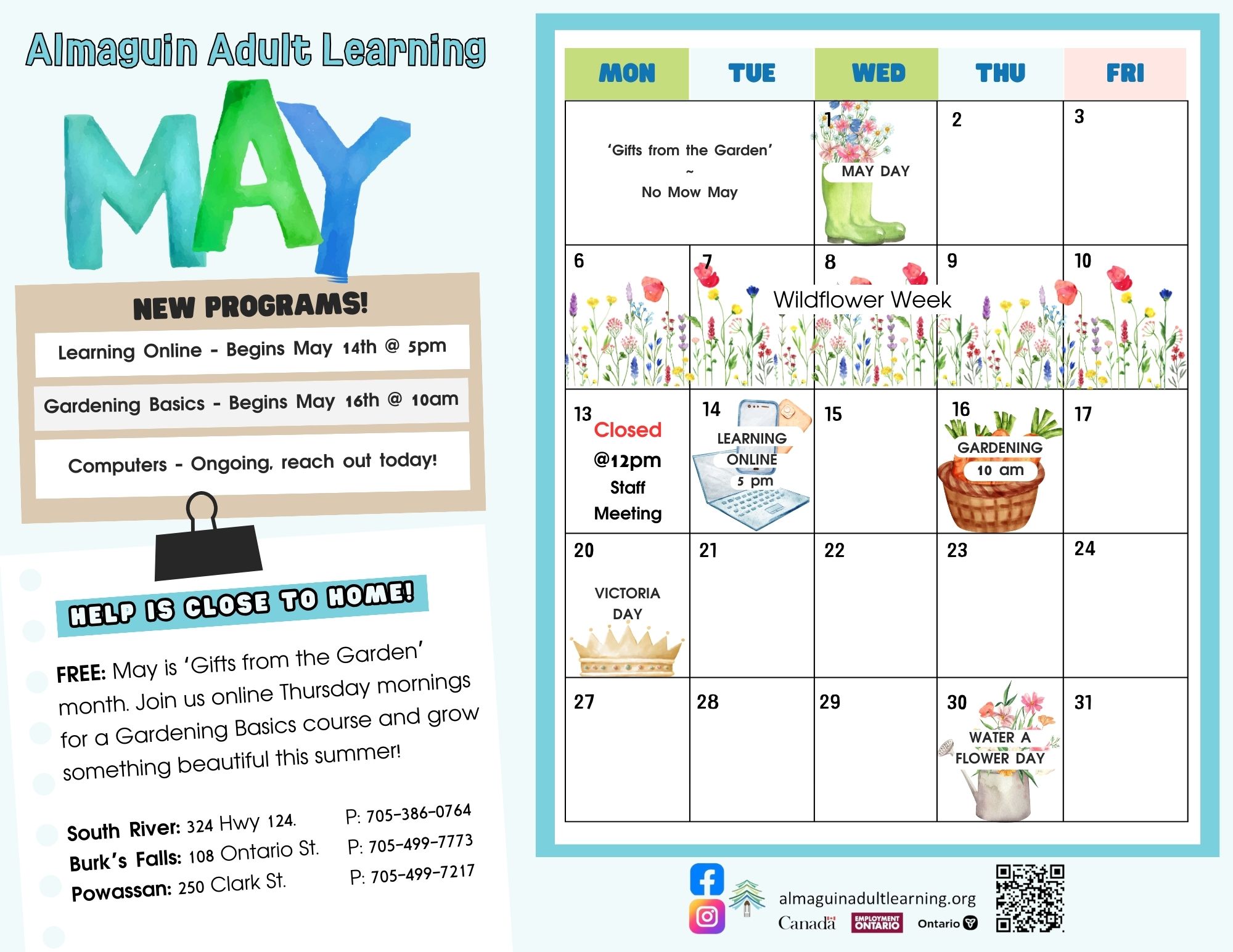 Almaguin Adult Learning May Calendar
